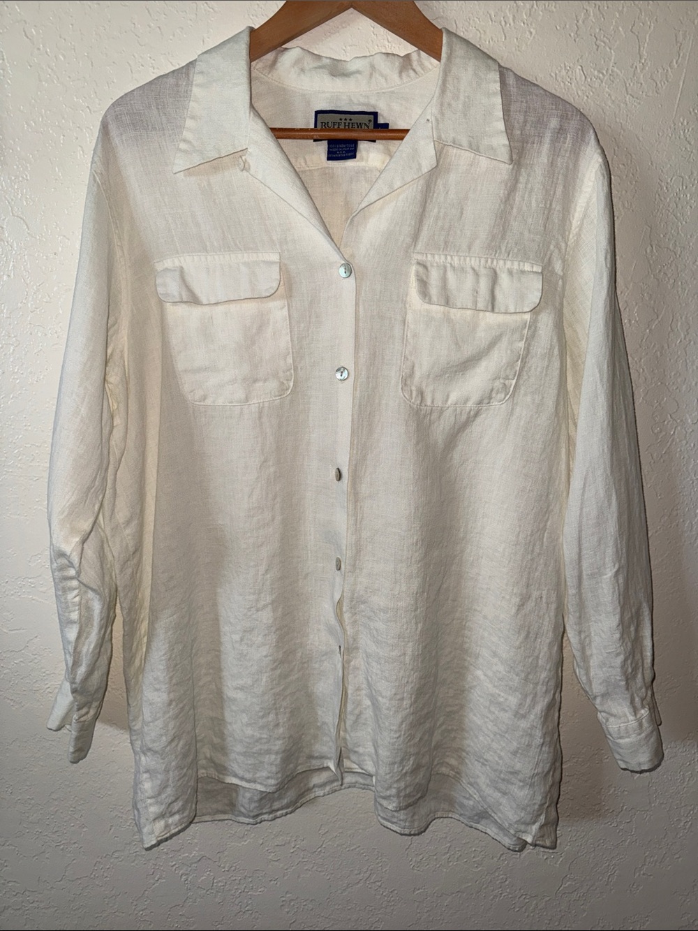Vintage Ruff Hewn Linen Tunic Shirt Button-Up Relaxed Flap Pockets Off White L